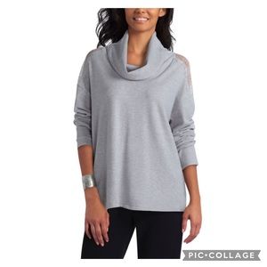 NWT H Halston Lace Shoulder Cowl Neck Sweater